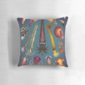 Decorative pillow featuring a cephalopod-inspired design, including squid, octopus, ammonite, and nautilus elements.