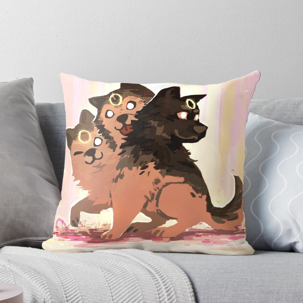 Cerberus, the three-headed dog from Greek mythology, featured on a decorative throw pillow for home or office.
