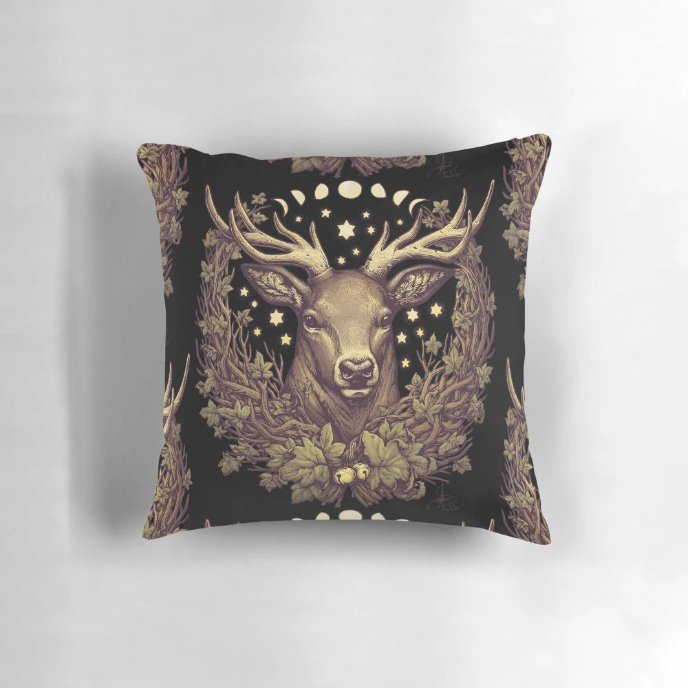 Cernunnos stag-themed botanical throw pillow with nature-inspired design