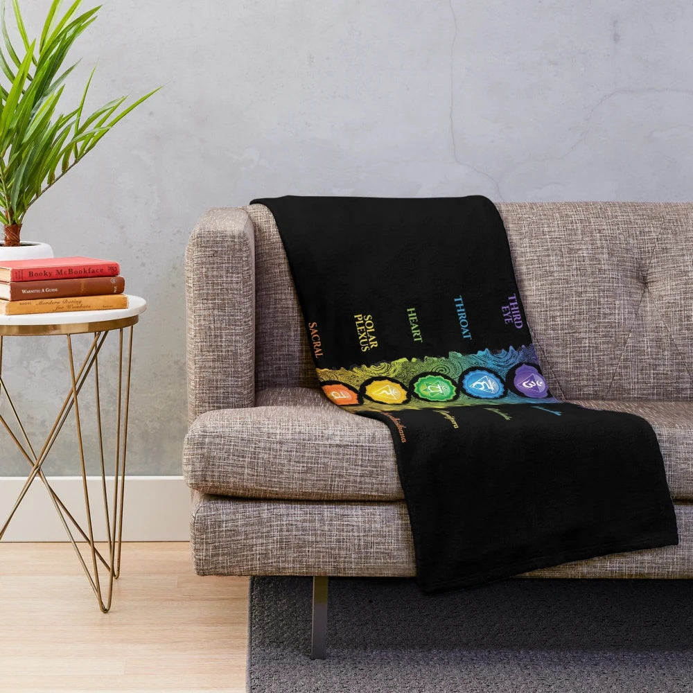 Vibrant 7 chakra symbols and names printed on a soft, plush blanket for meditation, yoga, and spiritual décor.