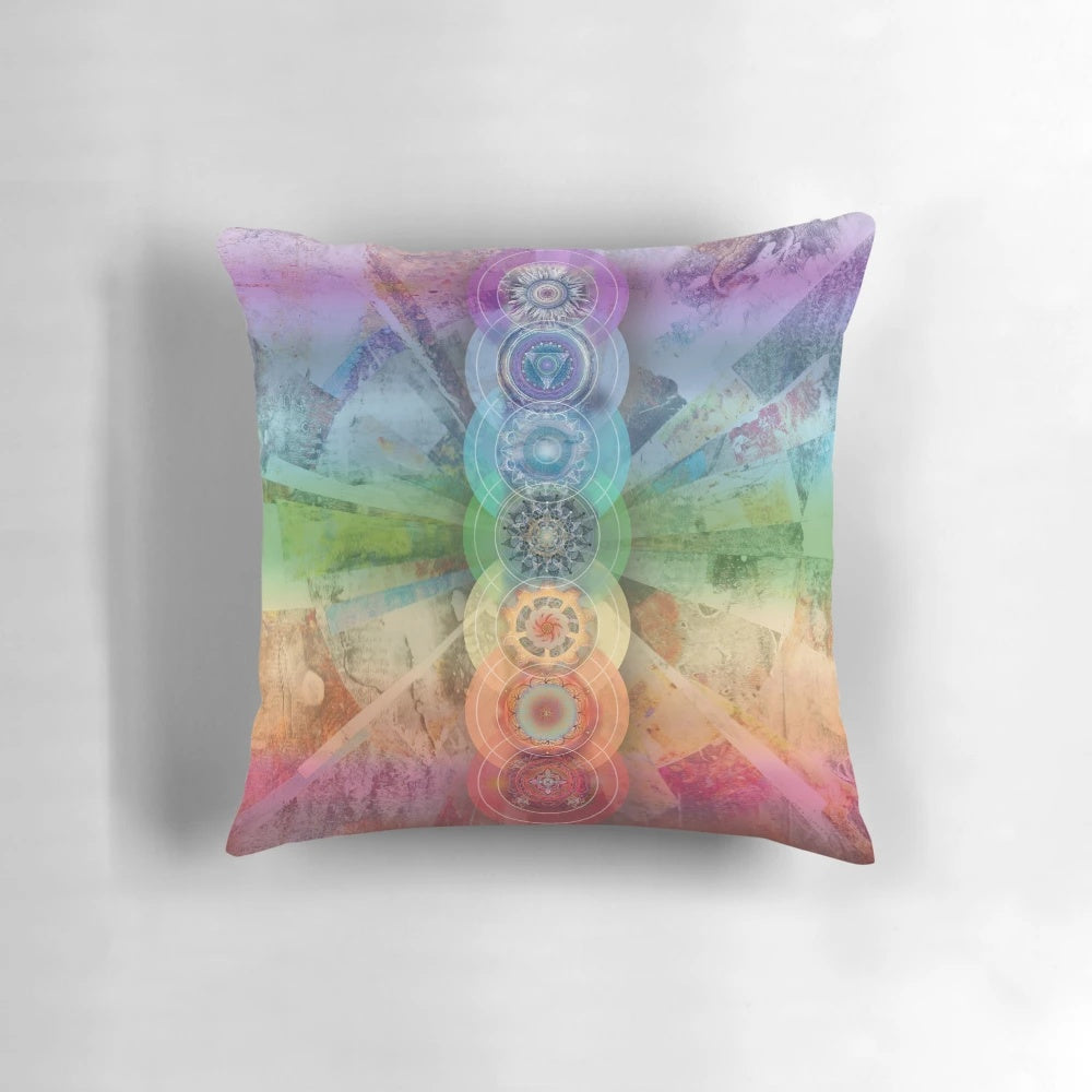 Seven Chakras Meditation Art Pillow showcasing a vibrant rainbow of chakra colors