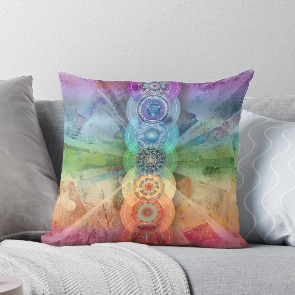 Seven Chakras Meditation Art Pillow showcasing a vibrant rainbow of chakra colors