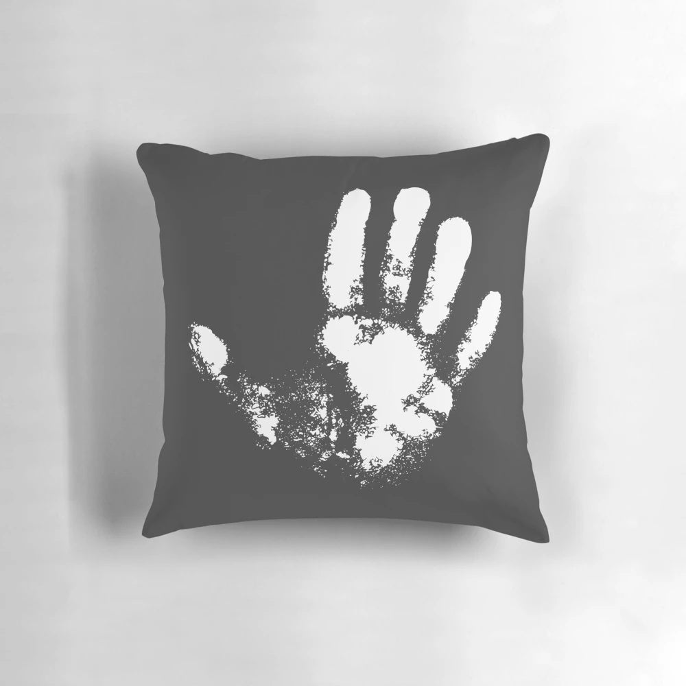 Chalky hand print design on a comfortable, cozy pillow for rock climbing and mountain climbing enthusiasts.
