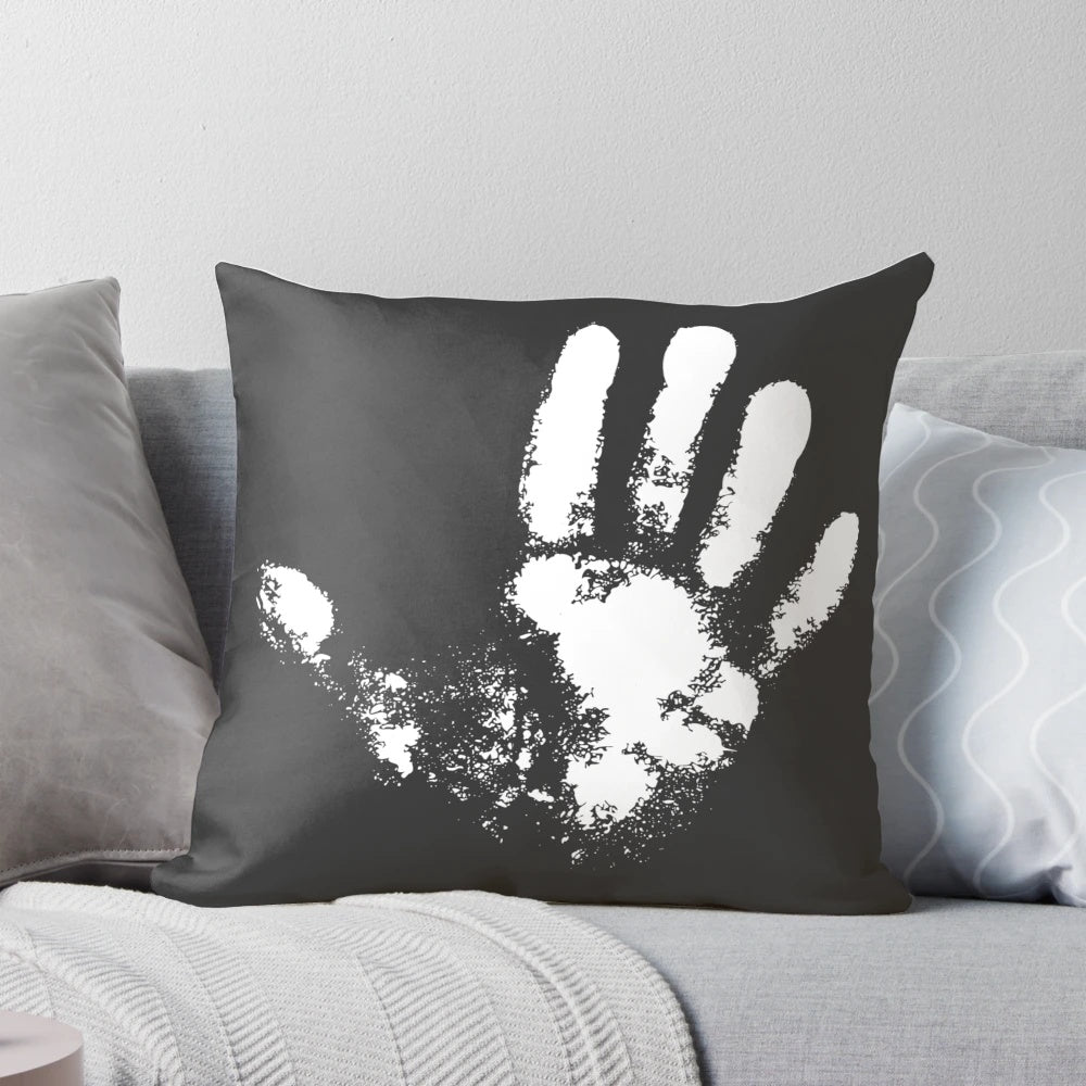 Chalky hand print design on a comfortable, cozy pillow for rock climbing and mountain climbing enthusiasts.