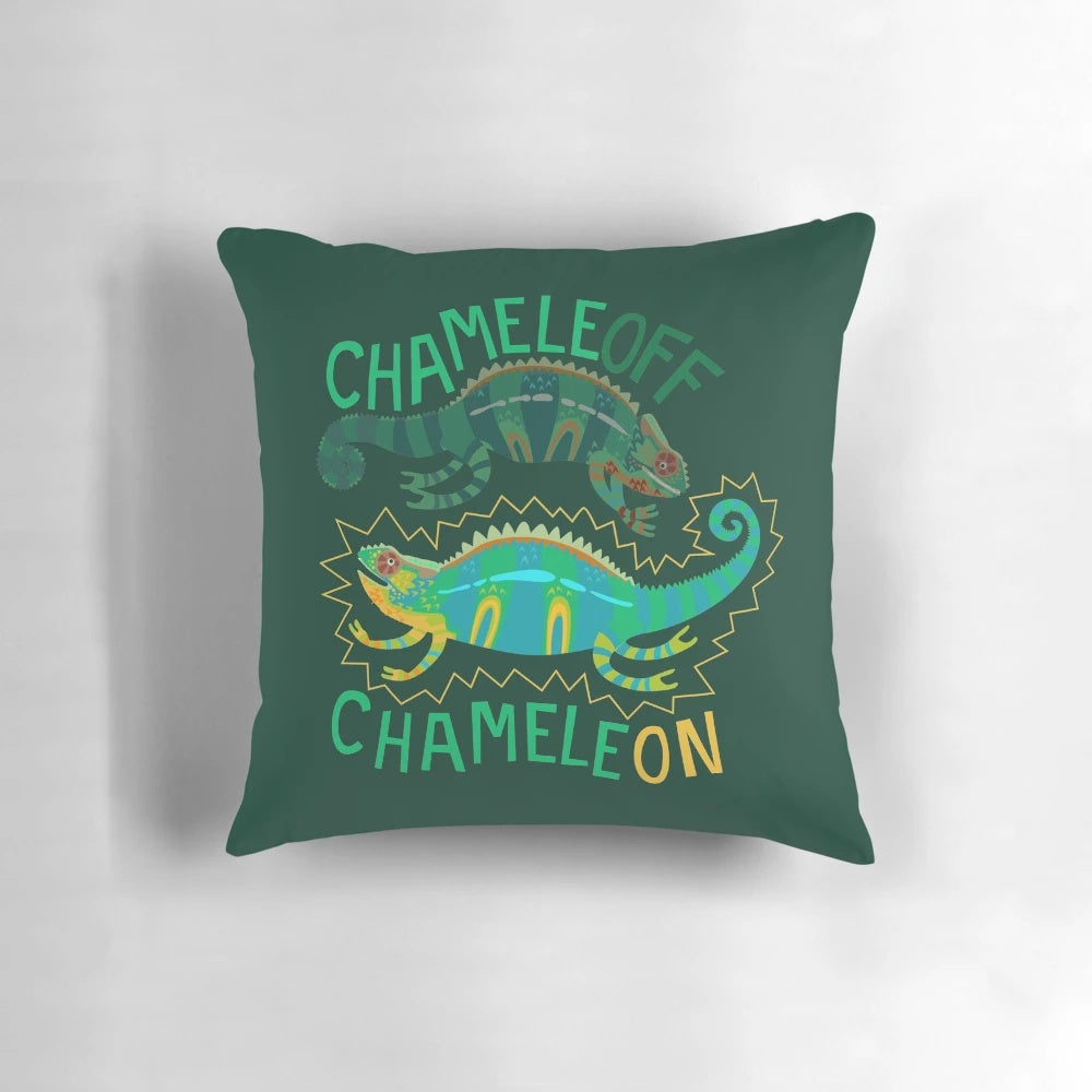 Colorful chameleon-themed pillow with a playful pun design