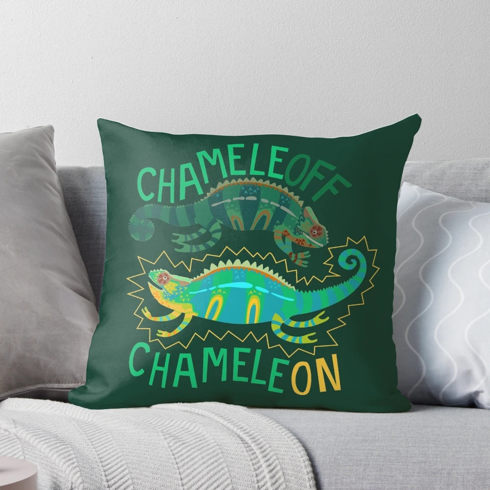 Colorful chameleon-themed pillow with a playful pun design
