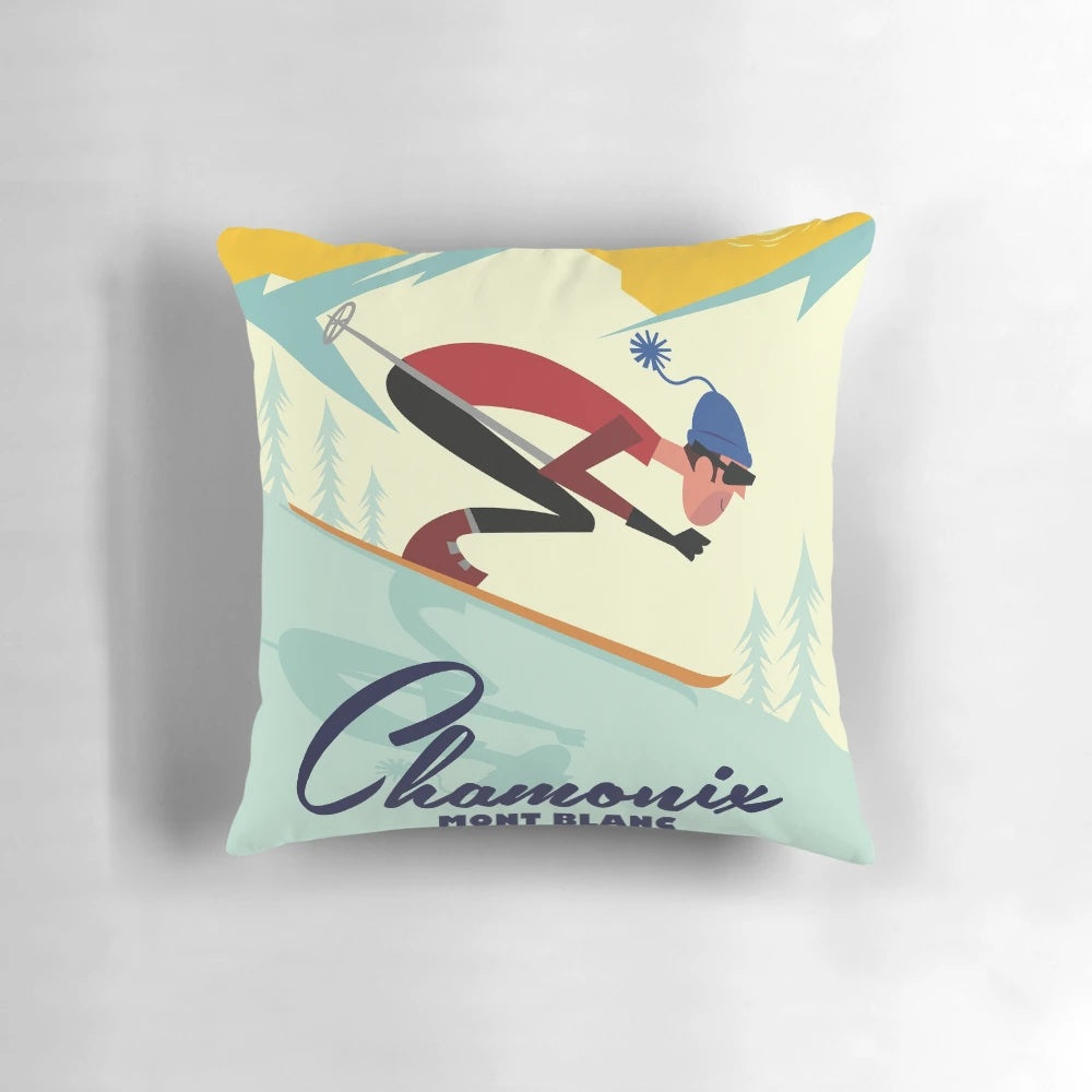 Chamonix ski poster featuring Mont Blanc and the French Alps, perfect for skiers and mountain enthusiasts