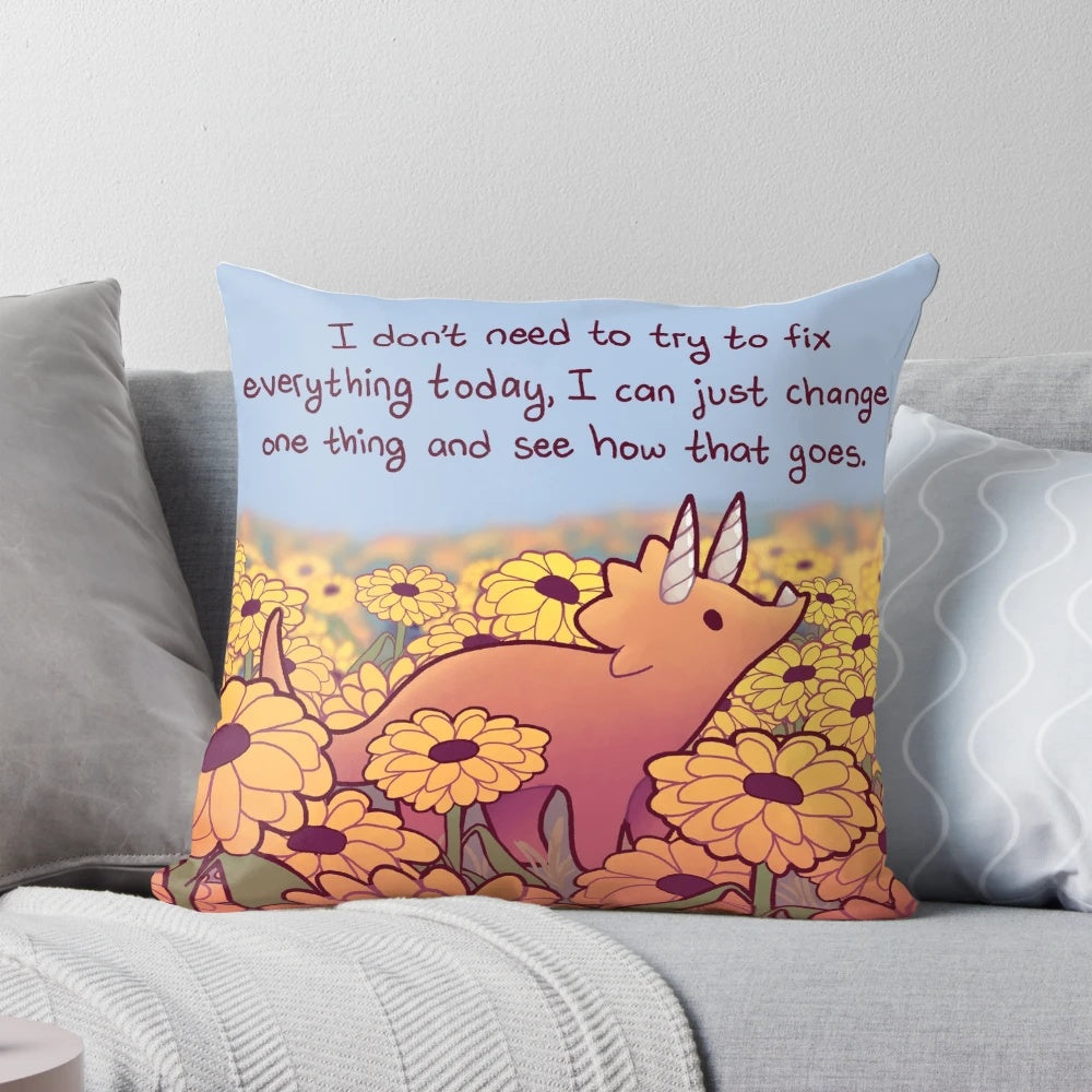 Sunflower Triceratops Pillow that Encourages Taking Small Steps for Mental Health and Recovery