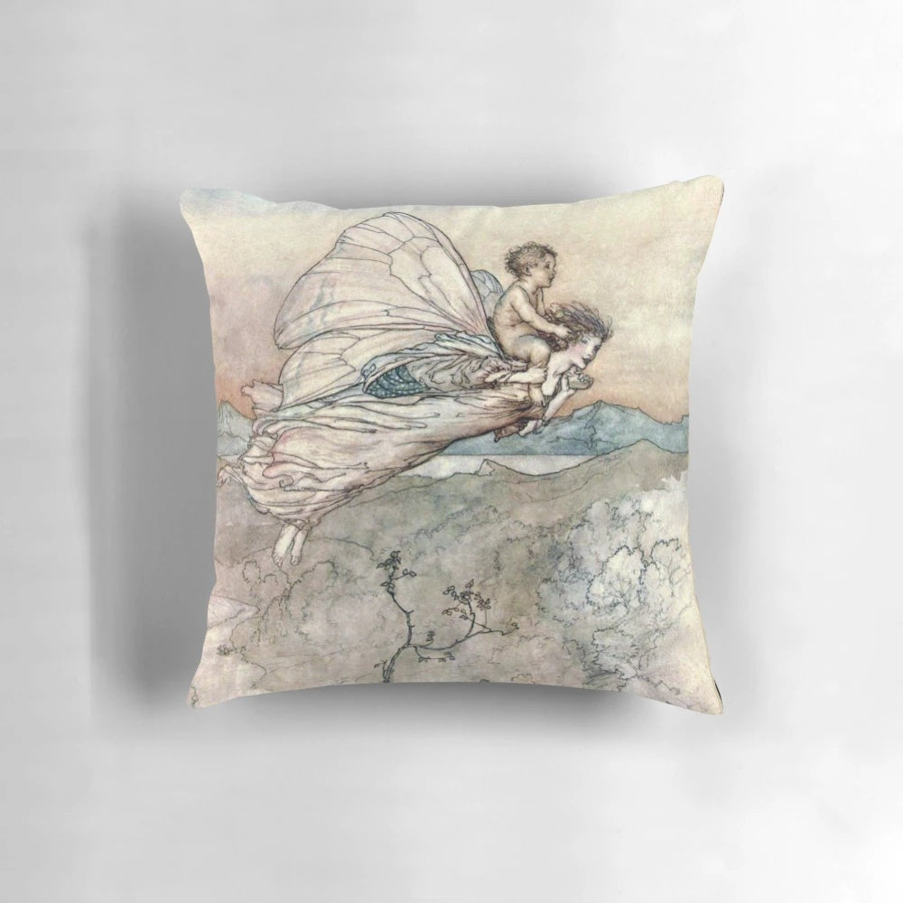 Decorative pillow featuring a fantasy illustration of a changeling child from Shakespeare's Midsummer Night's Dream, designed by artist Arthur Rackham.