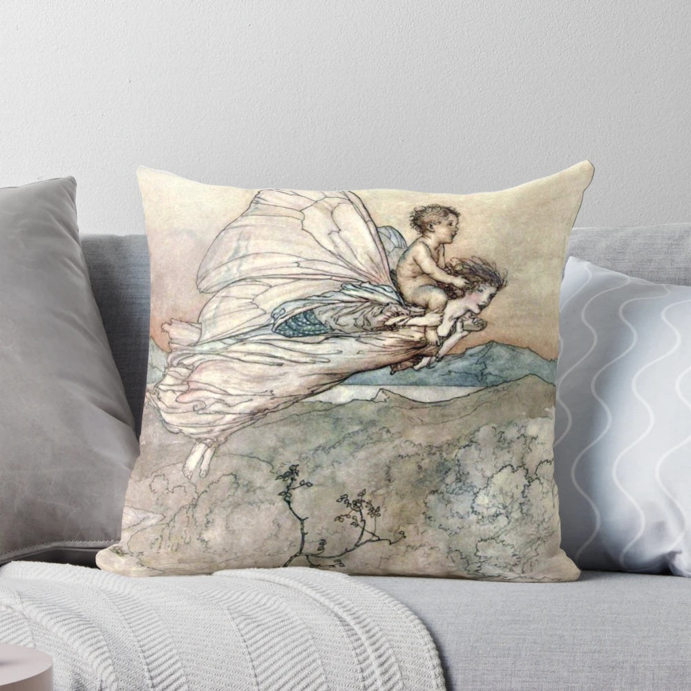 Decorative pillow featuring a fantasy illustration of a changeling child from Shakespeare's Midsummer Night's Dream, designed by artist Arthur Rackham.