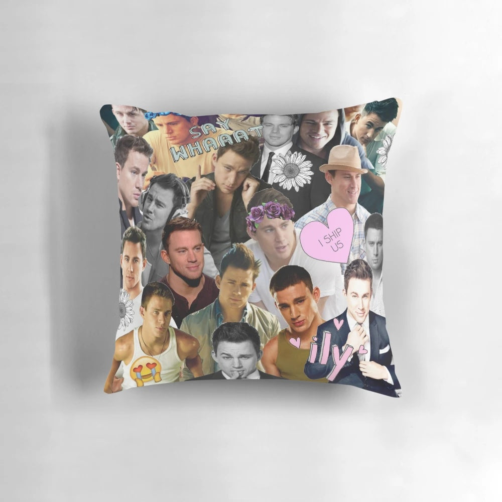 Channing Tatum inspired collage design printed on a soft, plush pillow