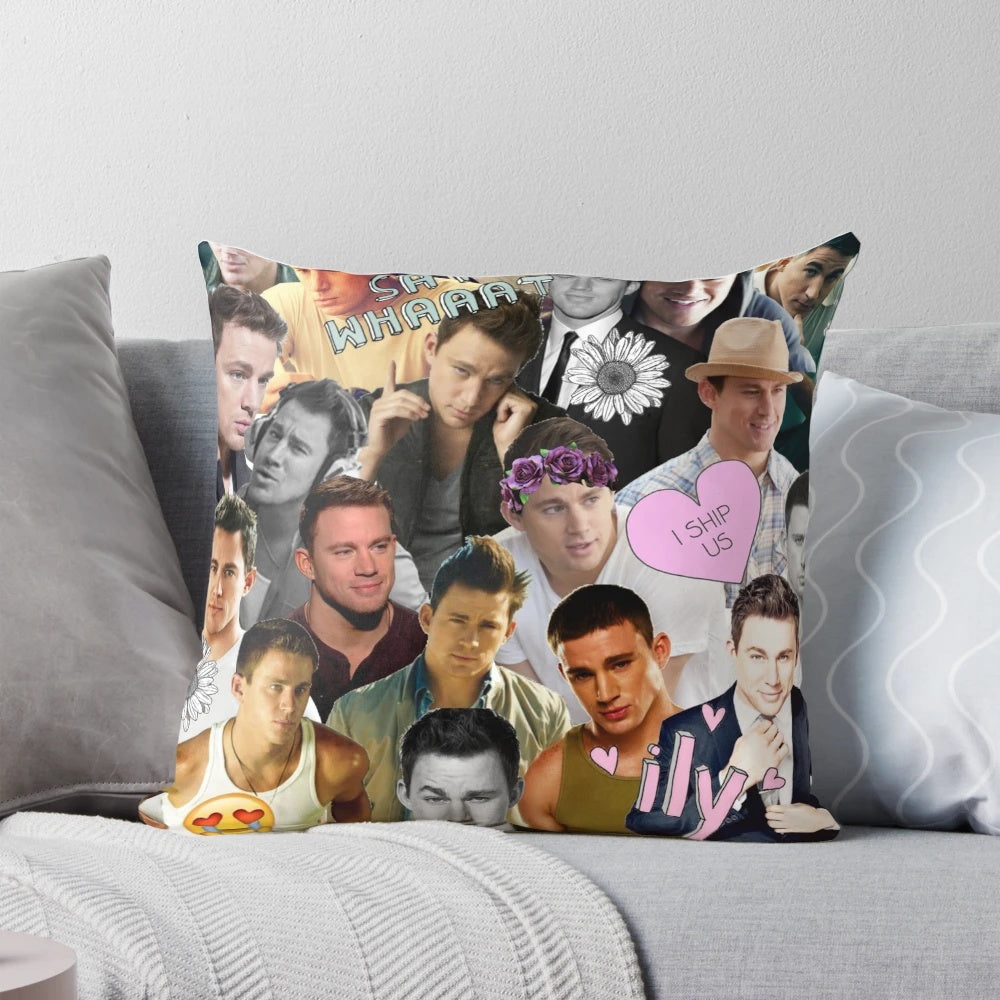 Channing Tatum inspired collage design printed on a soft, plush pillow