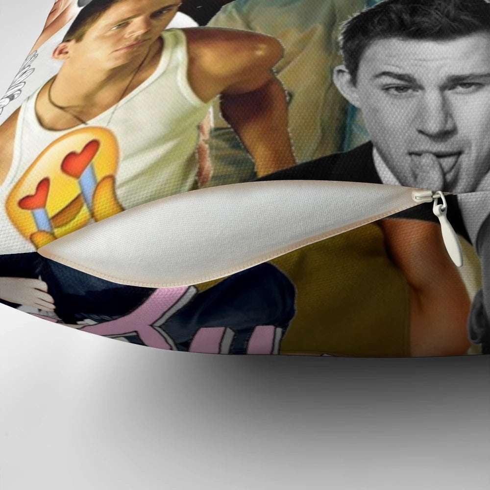 Channing Tatum inspired collage design printed on a soft, plush pillow