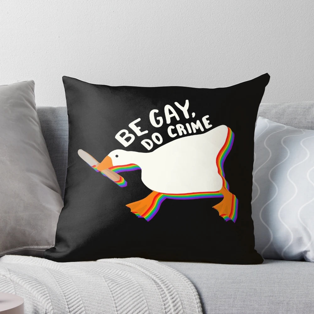 Chaotic goose design on a colorful LGBTQIA+ pride flag-inspired pillow