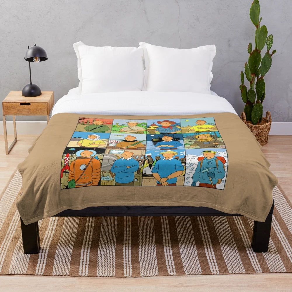 Plush blanket featuring classic cartoon characters on an adventure box up
