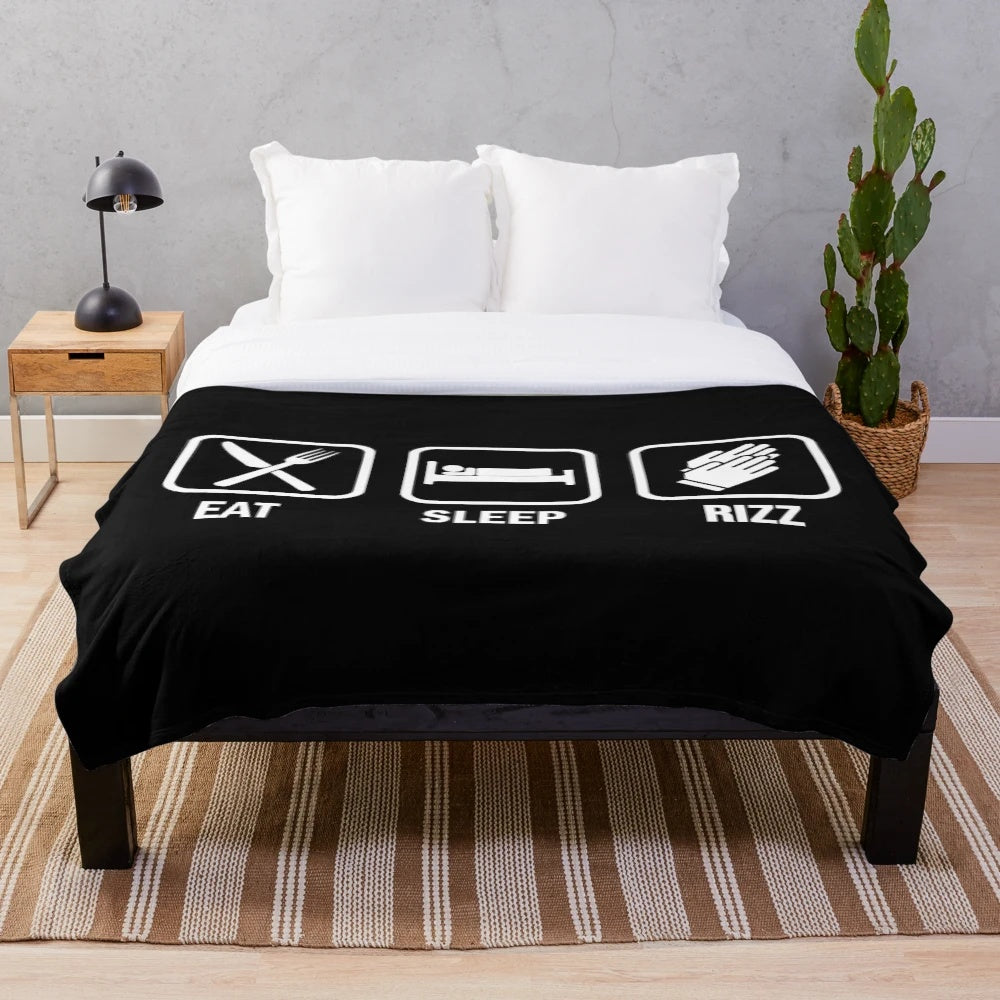 Charismatic lifestyle plush blanket with Eat Sleep Rizz inspired graphic
