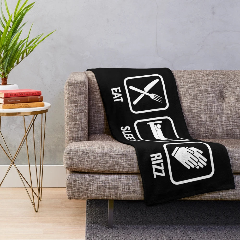 Charismatic lifestyle plush blanket with Eat Sleep Rizz inspired graphic