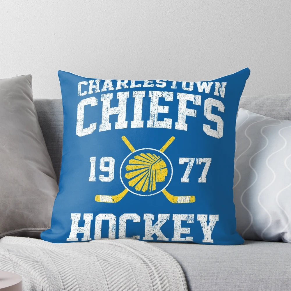 Charlestown Chiefs Hockey Movie Pillow featuring characters from the classic sports film Slap Shot
