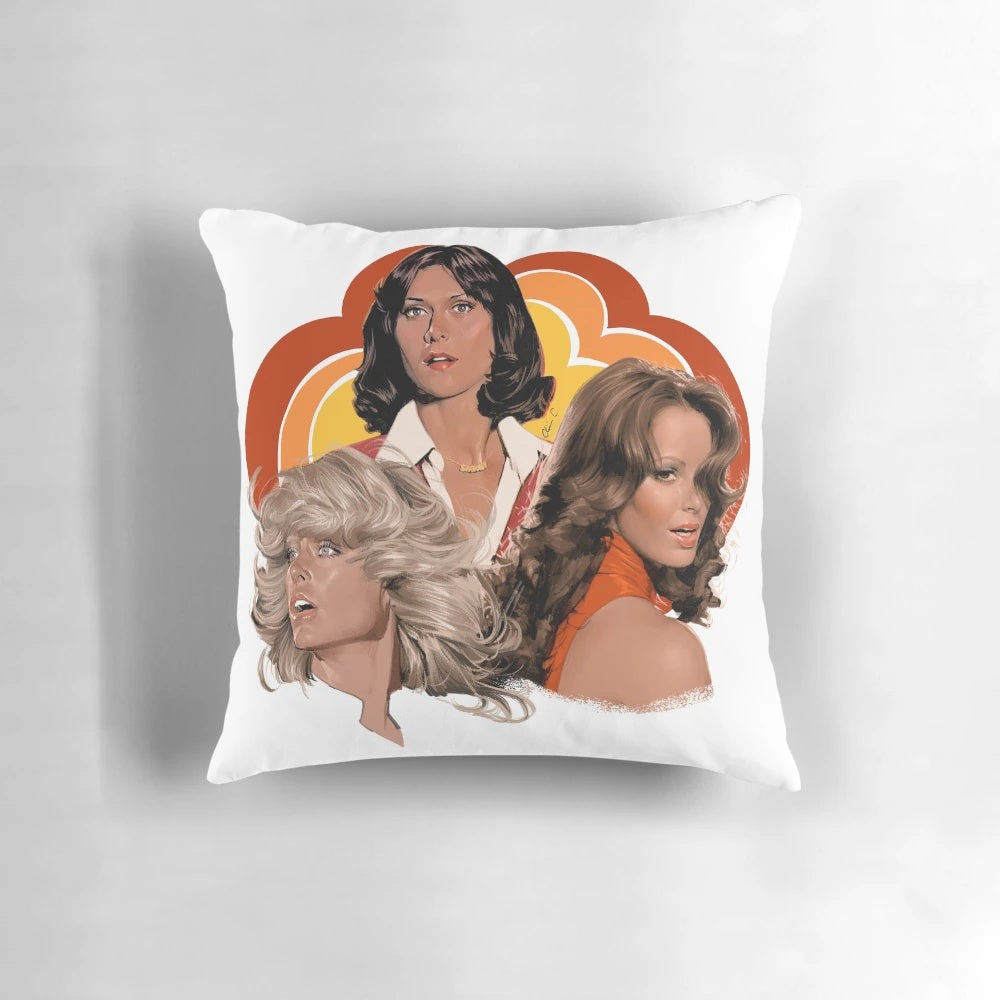 Charlie's Angels inspired retro-style throw pillow featuring the iconic TV show characters