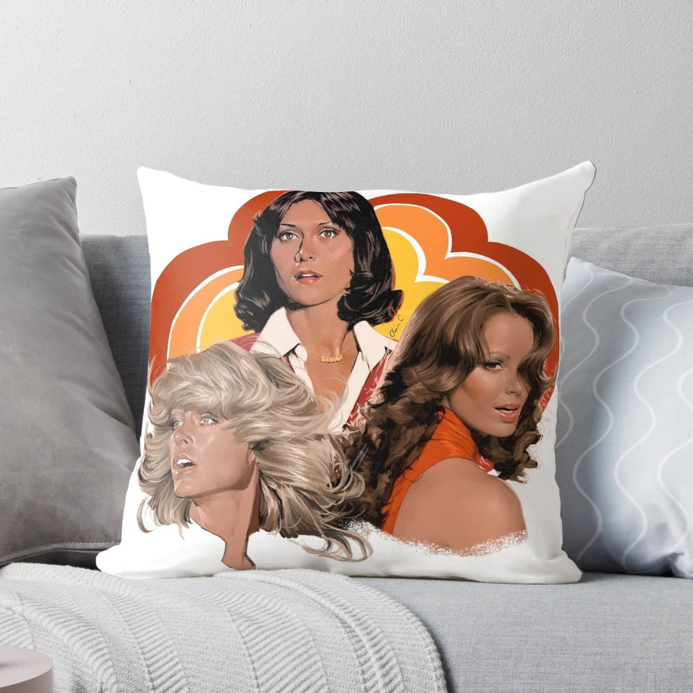 Charlie's Angels inspired retro-style throw pillow featuring the iconic TV show characters