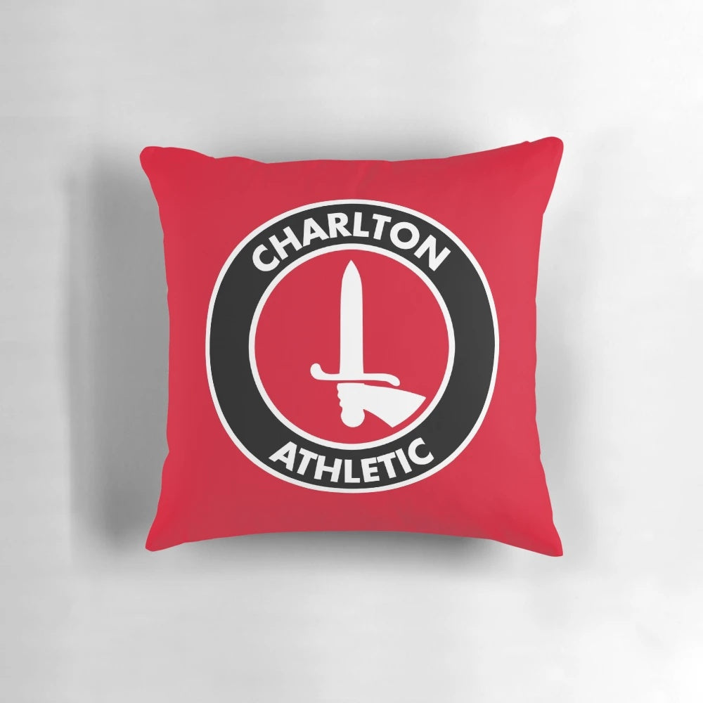 Charlton Athletic FC football club pillow with the team's iconic red and white colors and crest design.