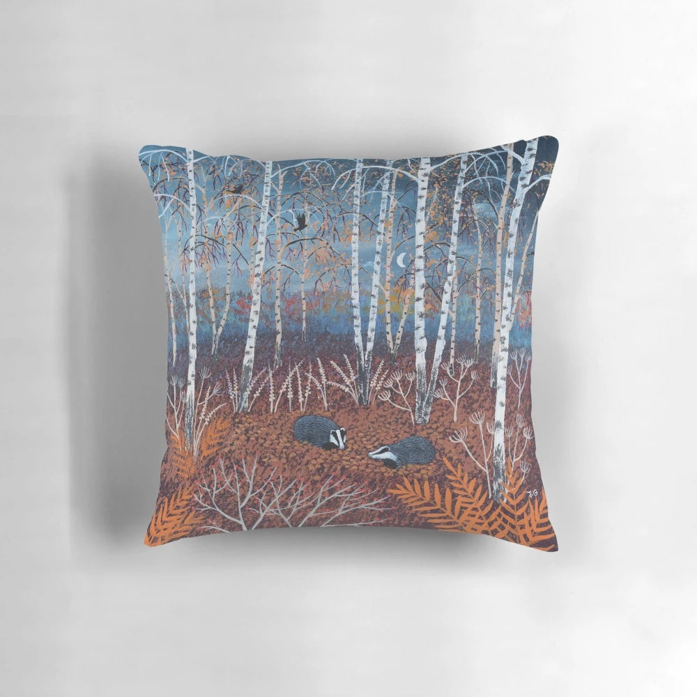 A vibrant autumn woodland scene with a family of badgers, perfect for nature and wildlife lovers.
