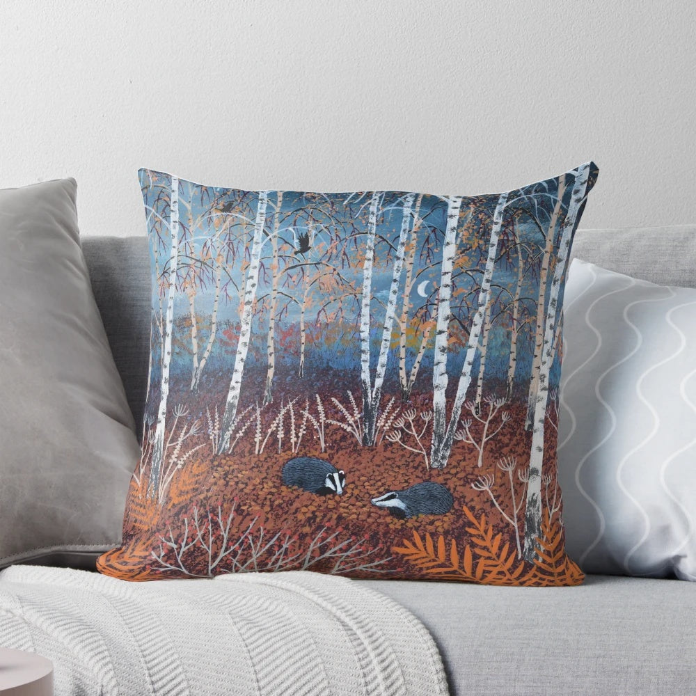 A vibrant autumn woodland scene with a family of badgers, perfect for nature and wildlife lovers.
