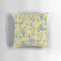 Blue and yellow toile pattern decorative throw pillow with scenic village and tree design
