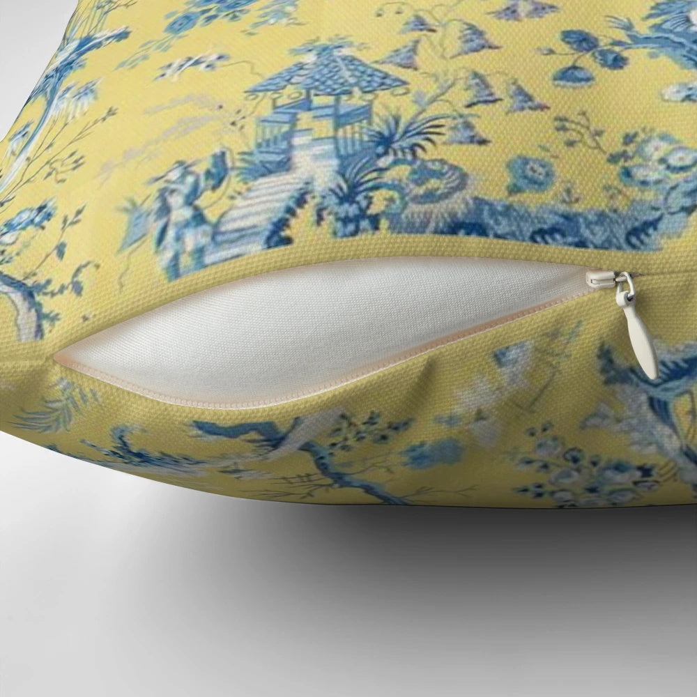 Blue and yellow toile pattern decorative throw pillow with scenic village and tree design