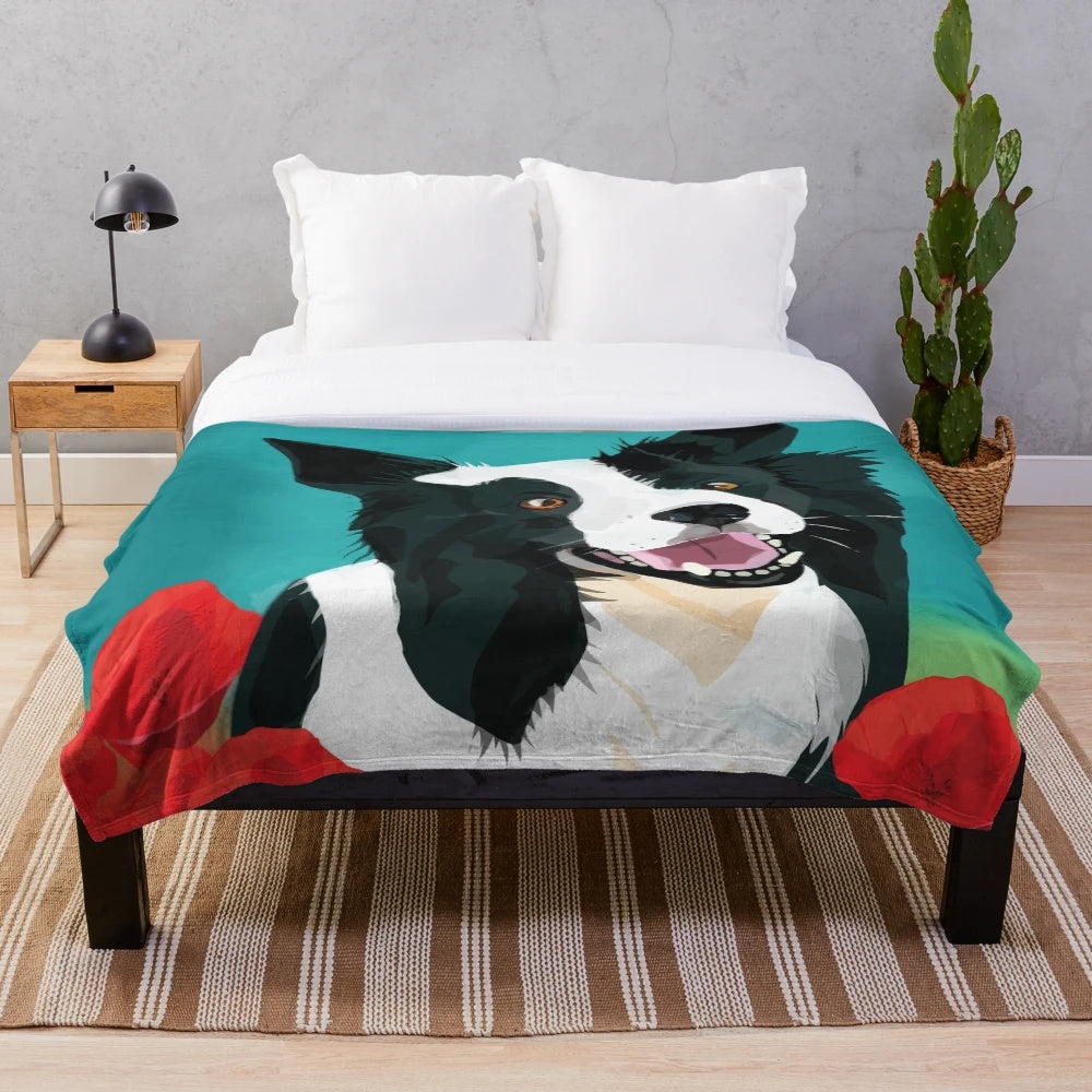 Soft, plush blanket featuring a border collie dog and poppies