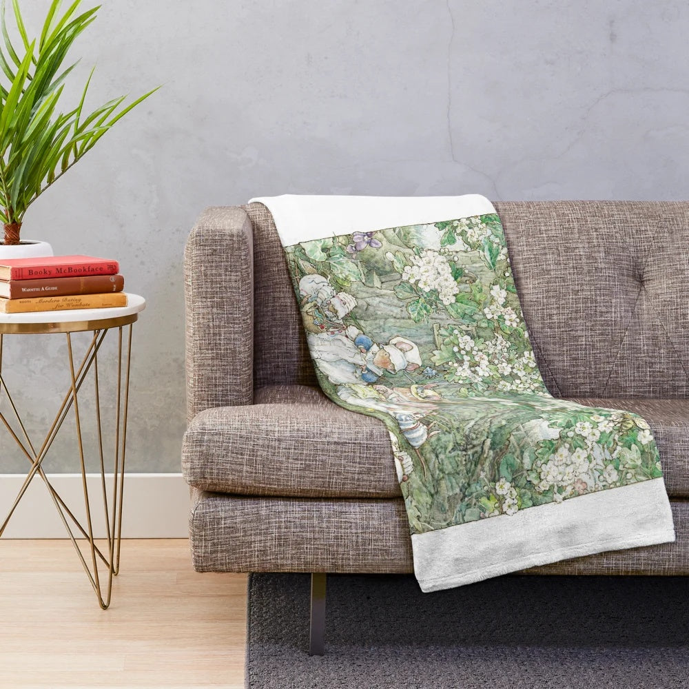 Brambly Hedge-inspired plush blanket featuring hawthorn blossom and baby mice
