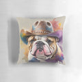 Cozy pillow featuring a whimsical bulldog portrait wearing a cowboy hat