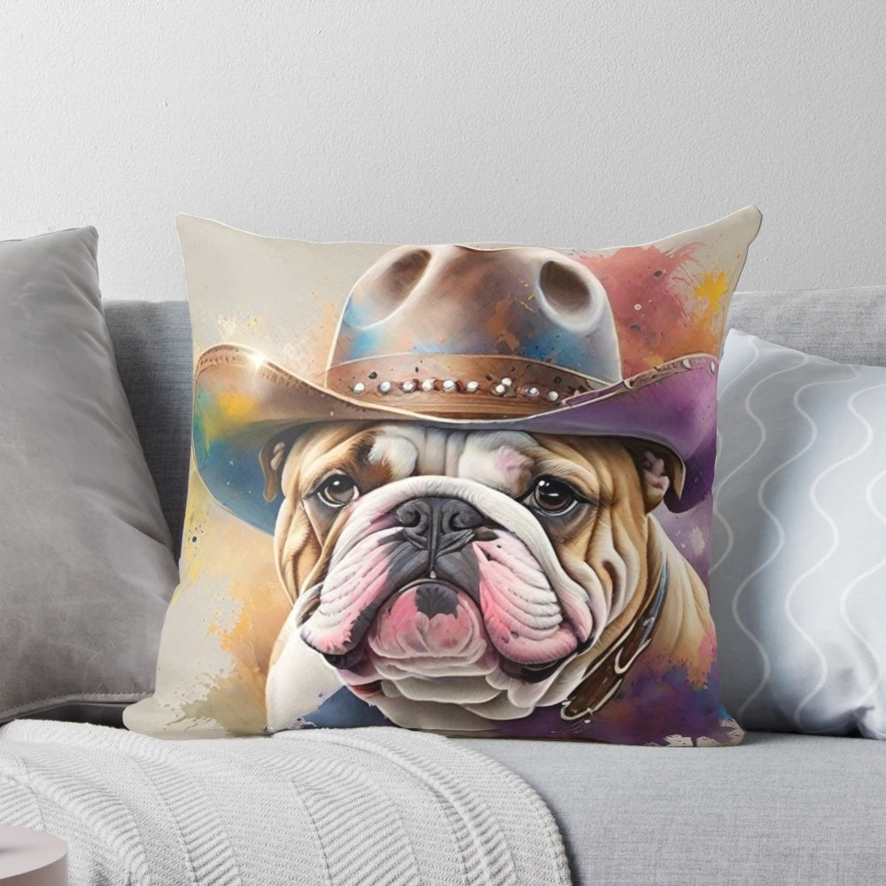 Cozy pillow featuring a whimsical bulldog portrait wearing a cowboy hat