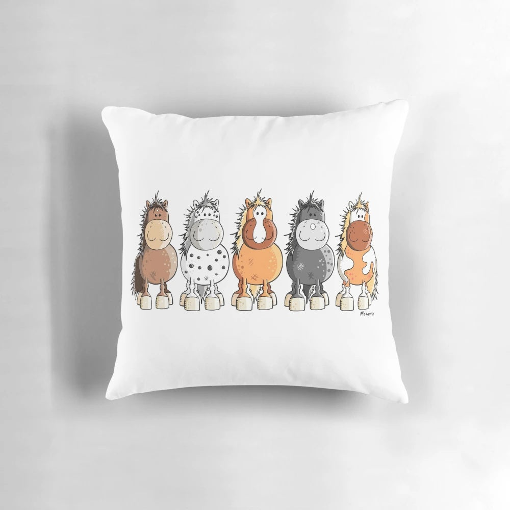 Vibrant illustration of five happy cartoon horses on a high-quality throw pillow for home decoration.