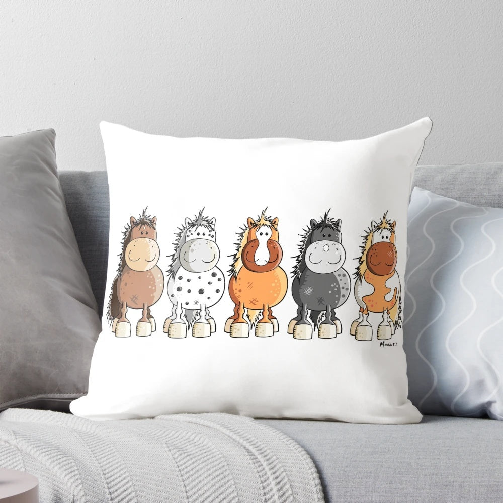 Vibrant illustration of five happy cartoon horses on a high-quality throw pillow for home decoration.