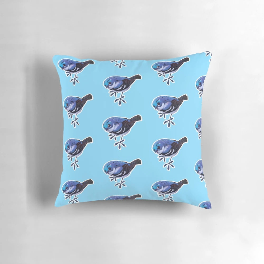 Soft, plush pillow featuring a cute, cartoonish illustration of a cerulean warbler bird.