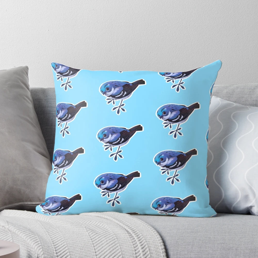 Soft, plush pillow featuring a cute, cartoonish illustration of a cerulean warbler bird.