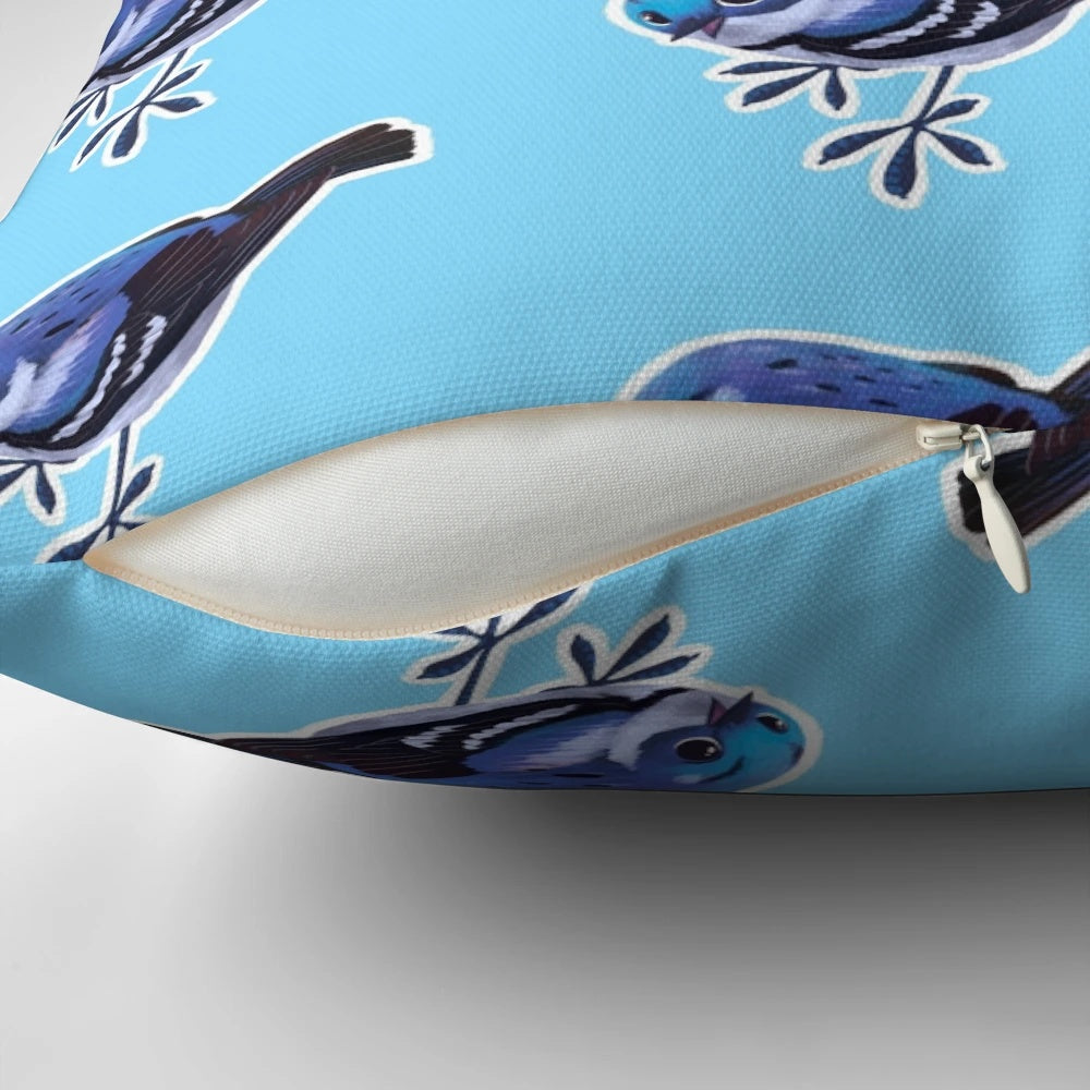 Soft, plush pillow featuring a cute, cartoonish illustration of a cerulean warbler bird.