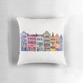 Vibrant watercolor illustration of iconic Charleston, South Carolina homes on Rainbow Row with palm trees.