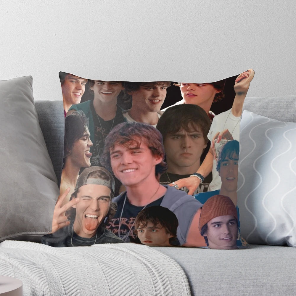 Colorful collage-style pillow featuring fan art of Charlie Gillespie and the cast of Phantoms