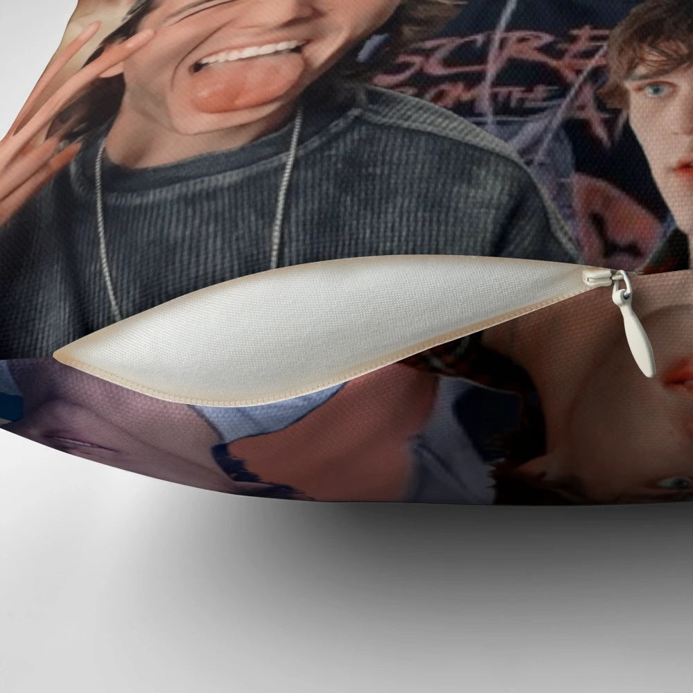 Colorful collage-style pillow featuring fan art of Charlie Gillespie and the cast of Phantoms