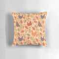 A decorative throw pillow featuring a whimsical pattern of chickens, strawberries, carrots, lavender, and turnips - perfect for a cozy, nature-inspired home.