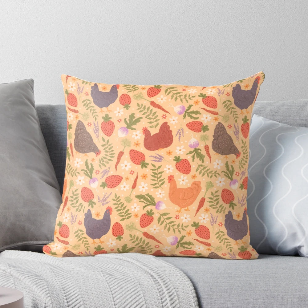 A decorative throw pillow featuring a whimsical pattern of chickens, strawberries, carrots, lavender, and turnips - perfect for a cozy, nature-inspired home.