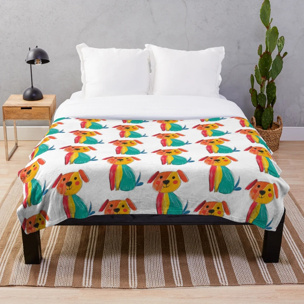 Colorful hand-drawn dog plush blanket