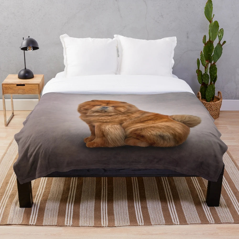 Cozy plush blanket featuring a hand-drawn portrait of an adorable chow chow dog