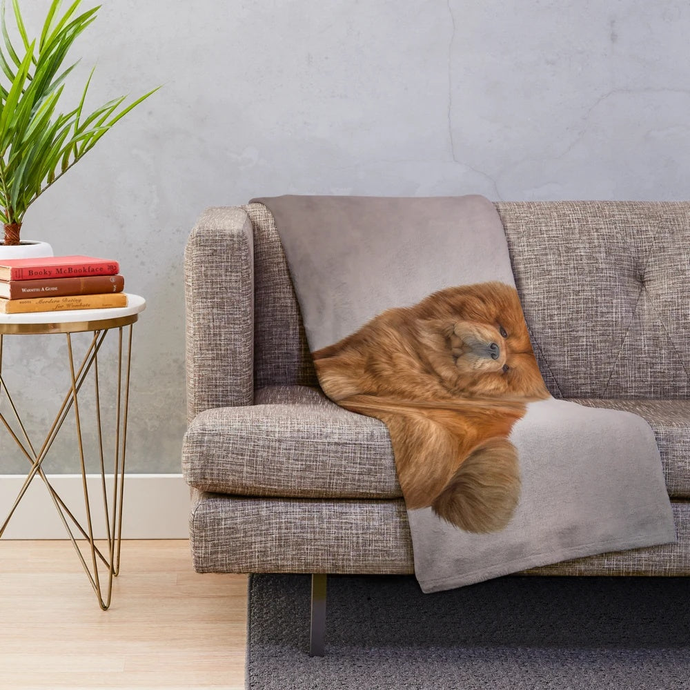 Cozy plush blanket featuring a hand-drawn portrait of an adorable chow chow dog