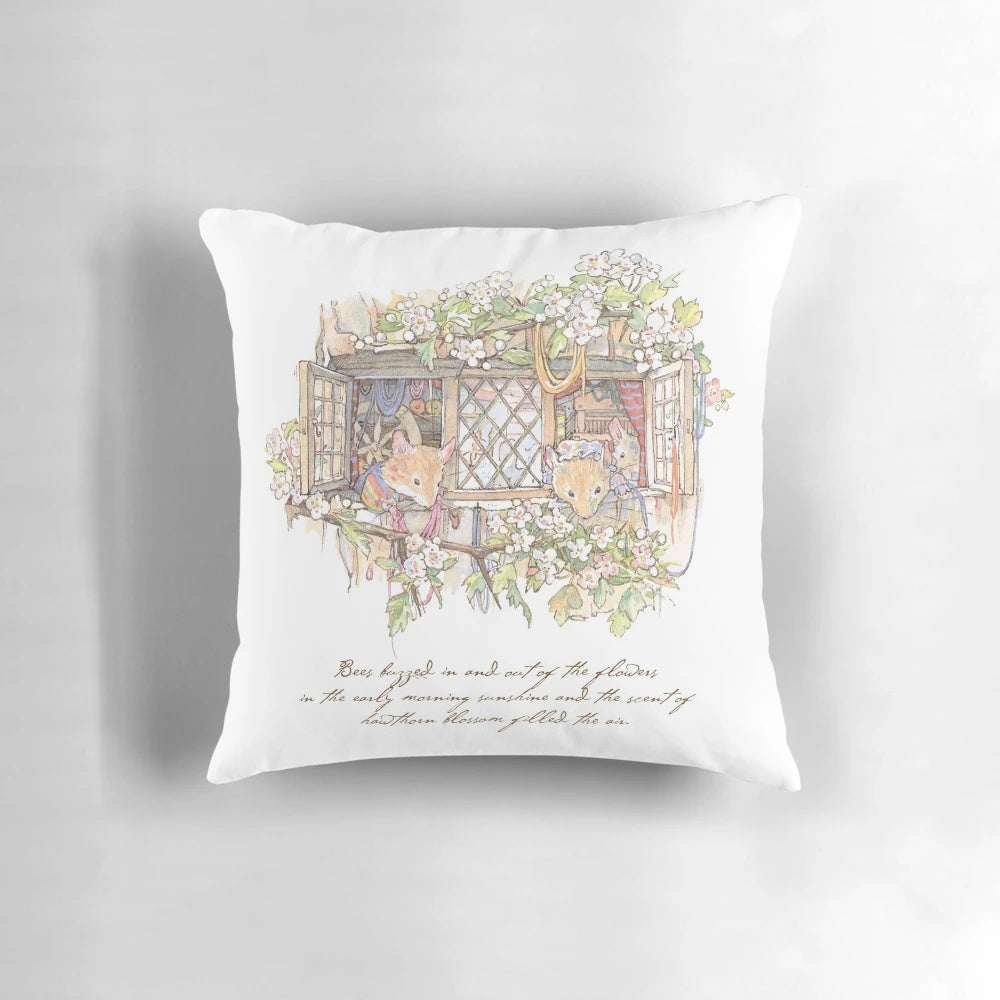 Cozy pillow featuring artwork inspired by the quintessential British countryside of Brambly Hedge