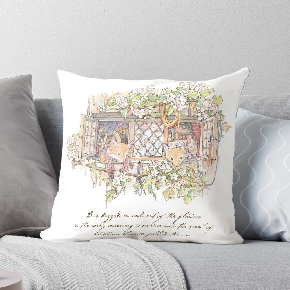 Cozy pillow featuring artwork inspired by the quintessential British countryside of Brambly Hedge
