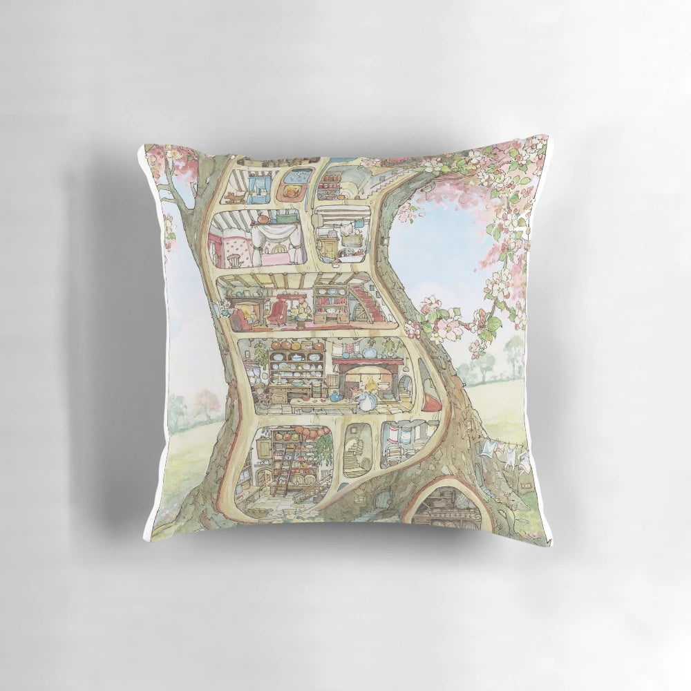 Decorative pillow featuring a cozy crabapple cottage scene in a quintessential British countryside style