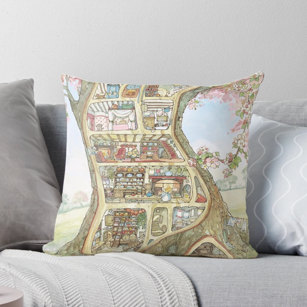 Decorative pillow featuring a cozy crabapple cottage scene in a quintessential British countryside style
